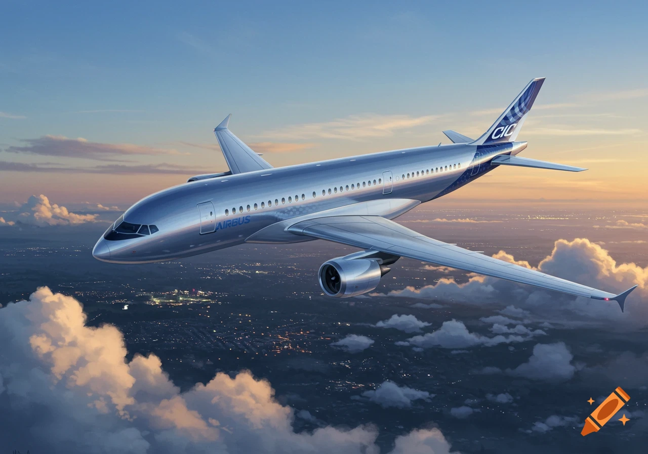 A futuristic silver Airbus passenger jet flying above a city with twinkling lights and clouds at sunset, photorealistic style.