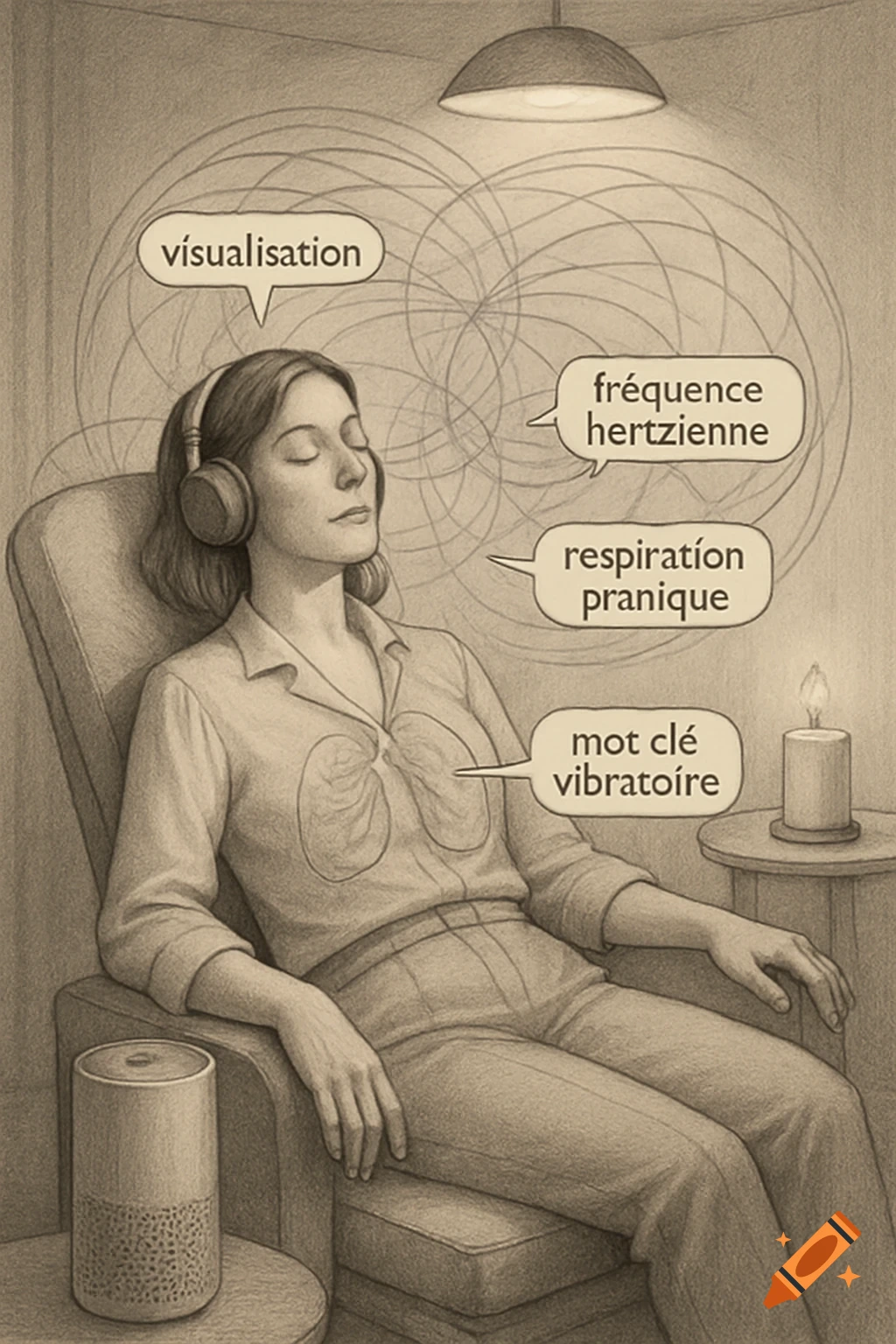 Pencil drawing of a woman meditating with headphones, speech bubbles above her head, candle and speaker on tables.