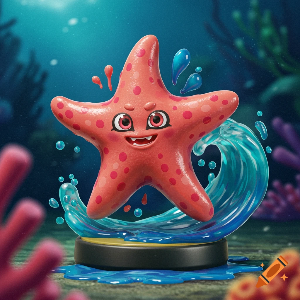 A cute, red, cartoon sea star character on a black and yellow base with splashing water in an underwater scene.