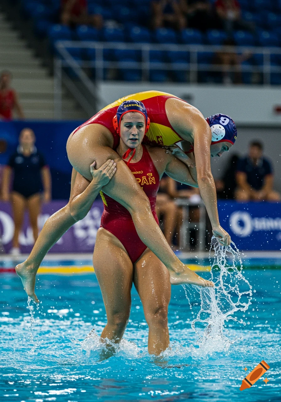 Two female water polo players in red and yellow swimsuits in a pool. One player carries her teammate over her shoulders, with water splashing.