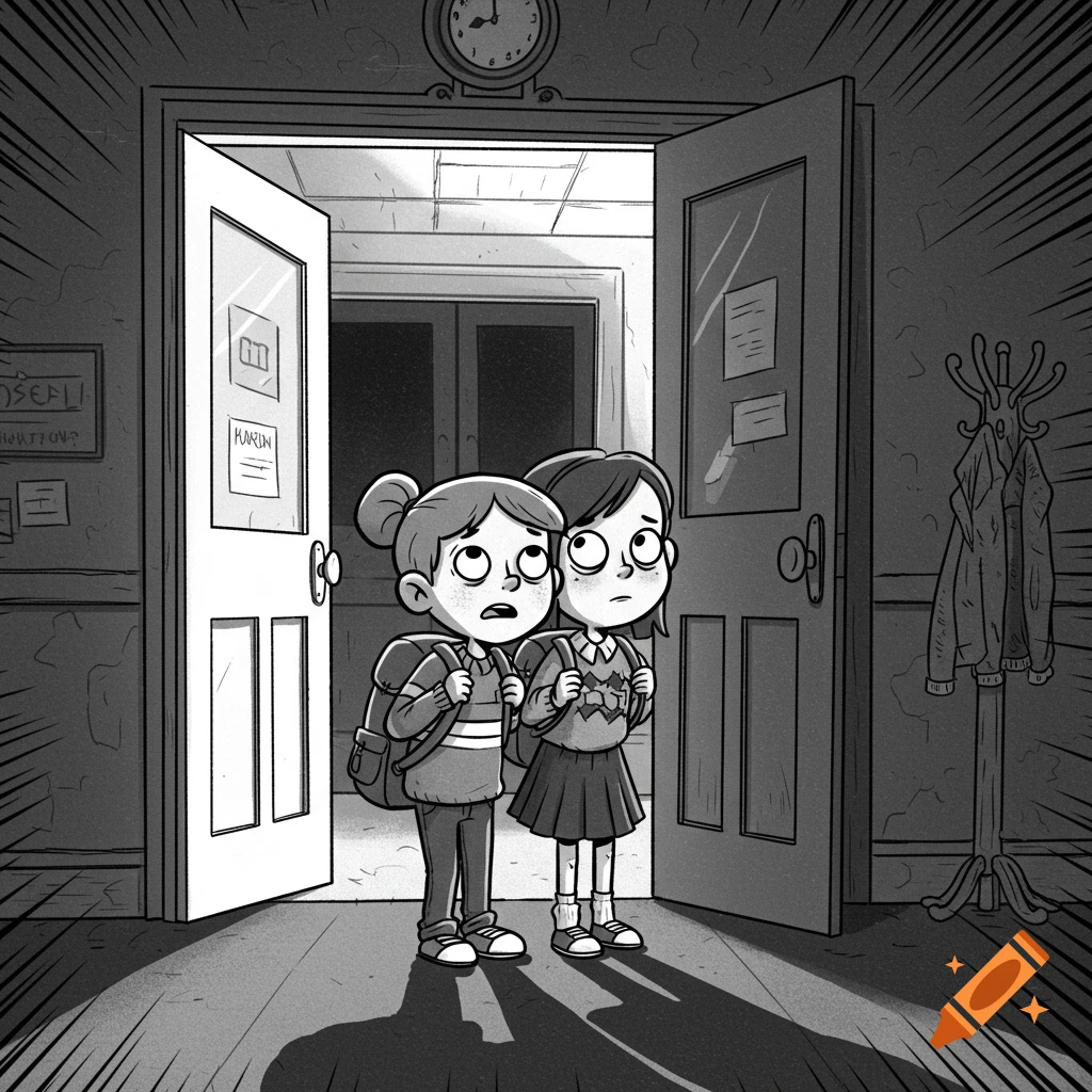 Two scared students stand in a school hallway with open doors, in a black and white cartoon style.