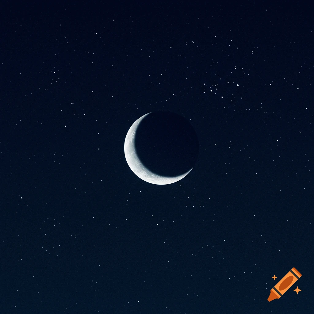 A photorealistic image of a bright crescent moon in a dark, star-filled night sky.