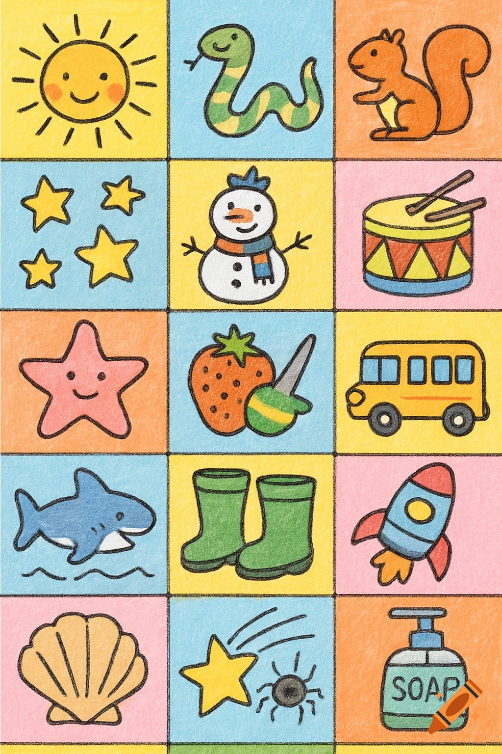 A colorful grid of childish drawings including a sun, snake, squirrel, stars, snowman, drum, starfish, strawberry, bus, shark, boots, rocket, seashell, shooting star, spider, and a soap dispenser labeled 'SOAP'.