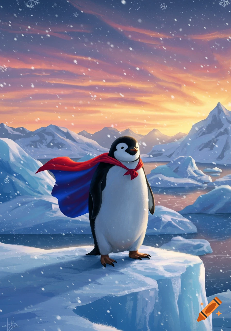 A cute penguin wearing a red and blue superhero cape stands on an ice floe in a snowy arctic landscape under a sunset sky.