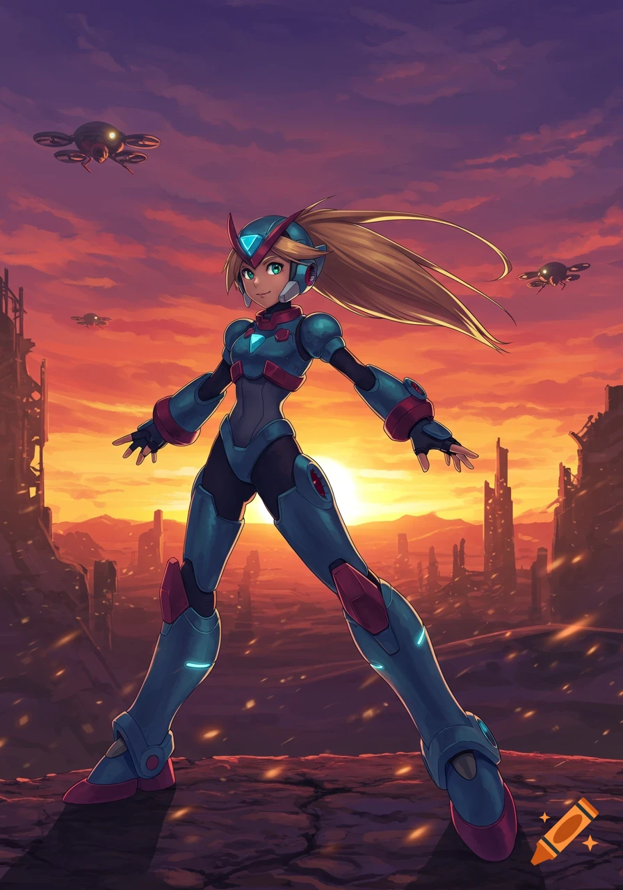 Anime style Aile (Mega Man character) in a teal and red futuristic suit standing in a ruined city at sunset.