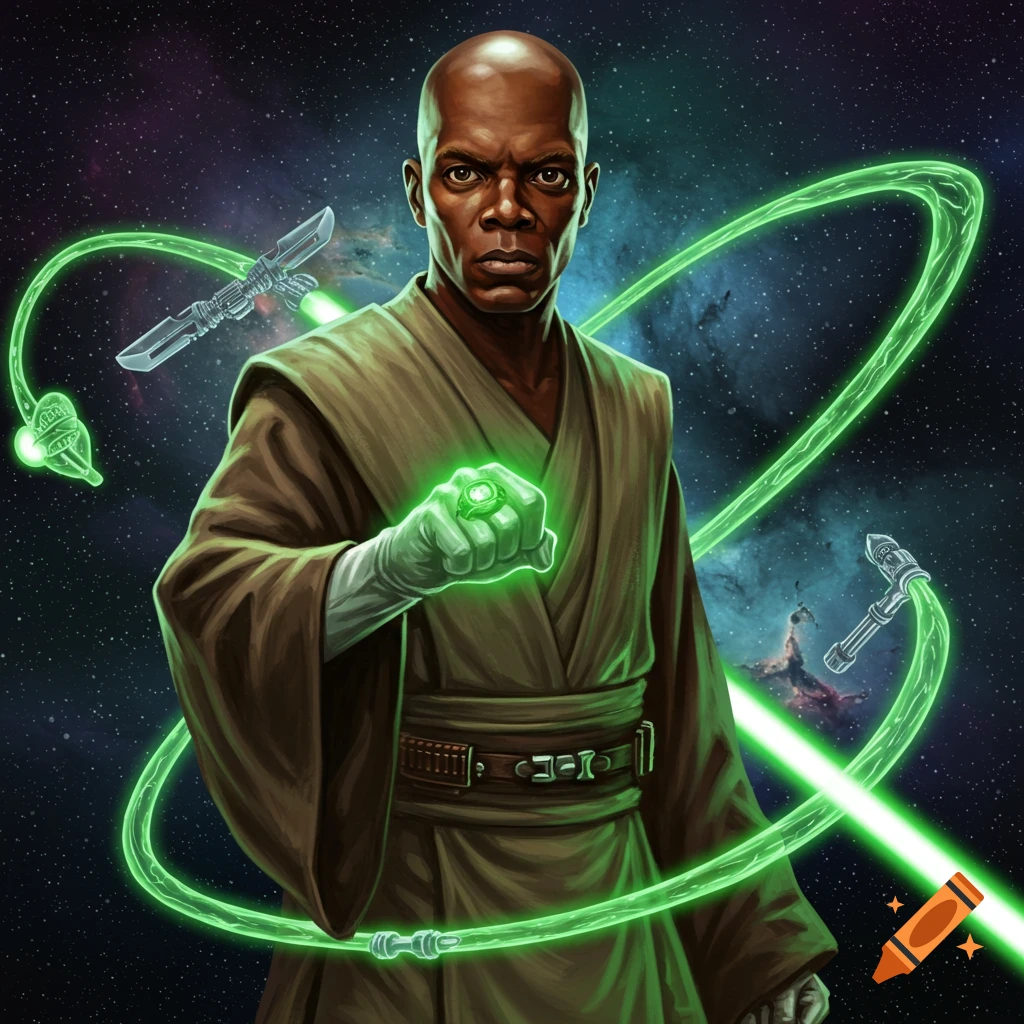 Mace Windu in Jedi robes with a glowing Green Lantern ring, surrounded by green energy and a lightsaber hilt, against a starry space background.