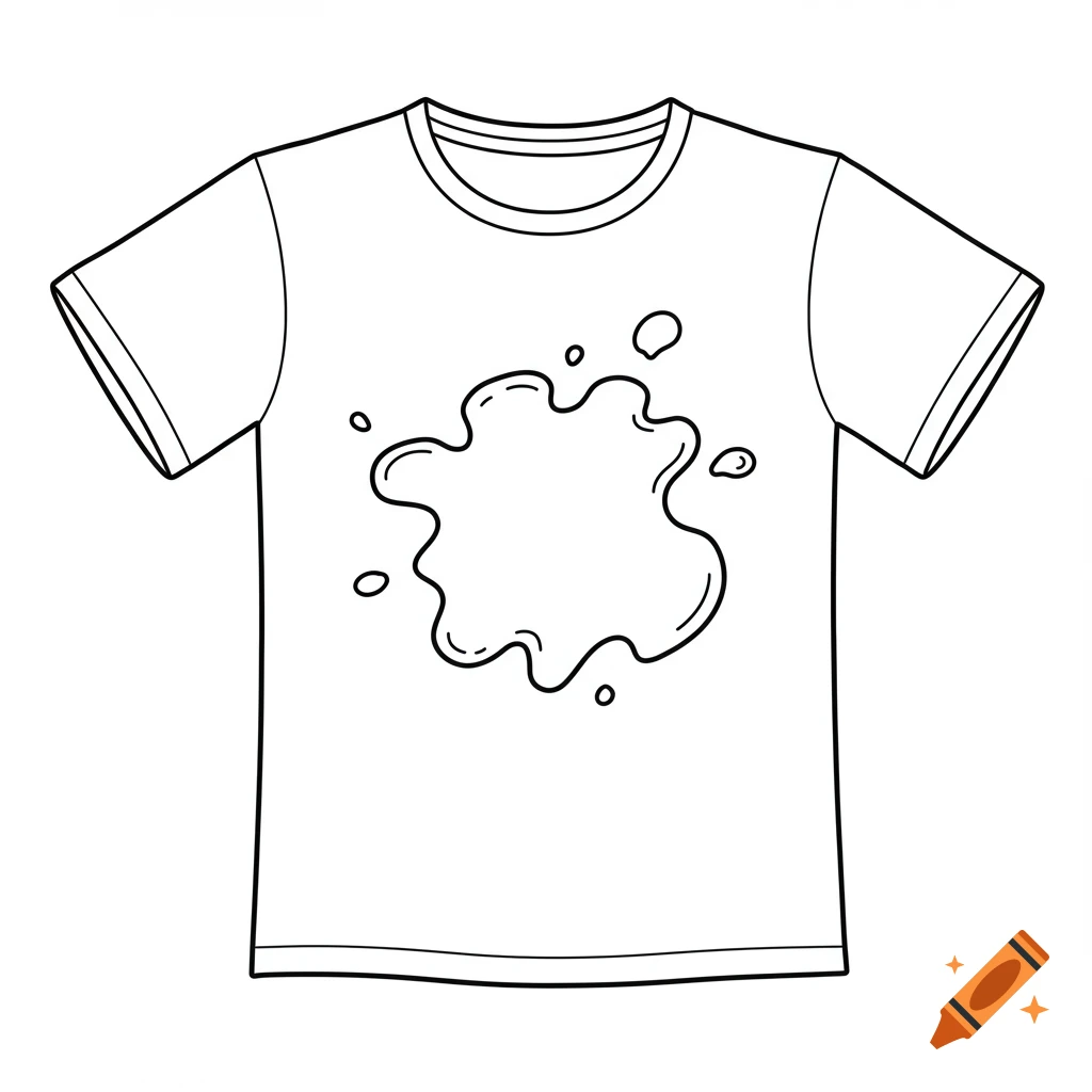 Black and white line drawing of a t-shirt with a large central splatter mark, suitable for coloring.