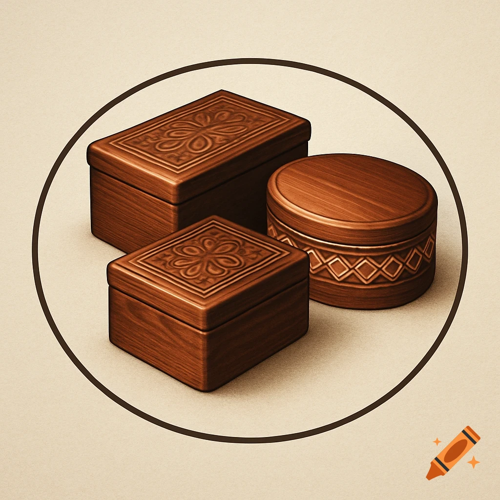 Three intricately carved wooden boxes, two rectangular and one round, with decorative patterns, arranged within a circle.