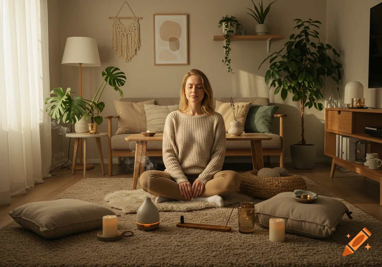 A woman meditating in a cozy, zen living room with plants, candles, and a diffuser. Photorealistic style.
