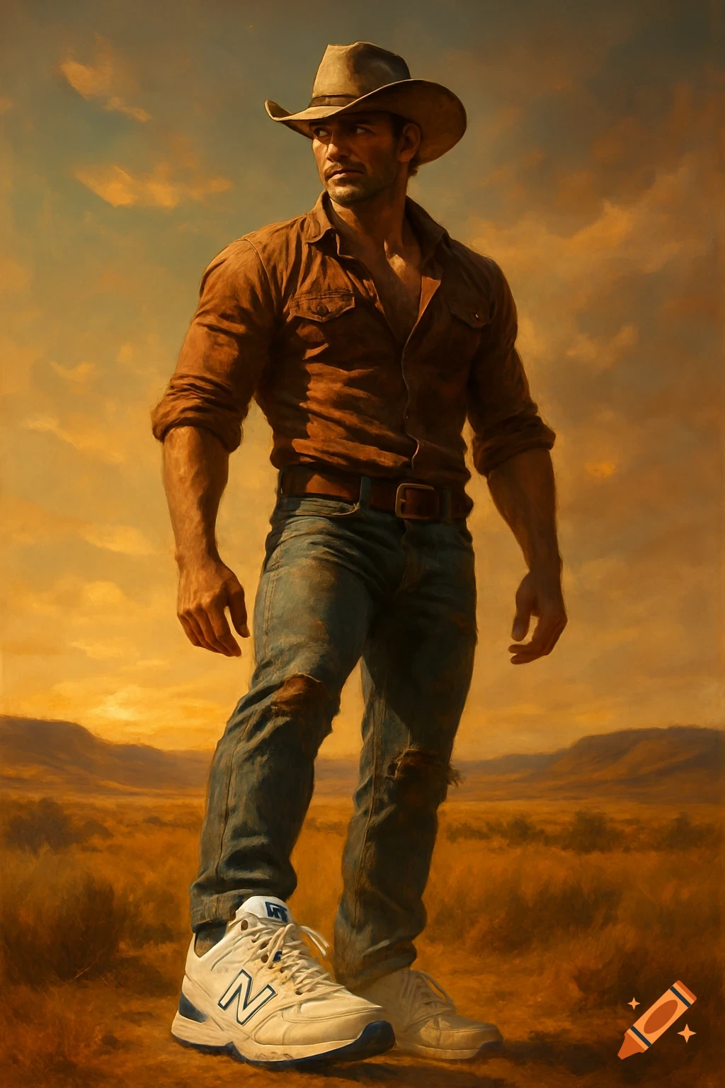 A buff cowboy in a hat, brown shirt, and ripped jeans poses in a golden desert, wearing white New Balance sneakers with a blue 'N' logo.