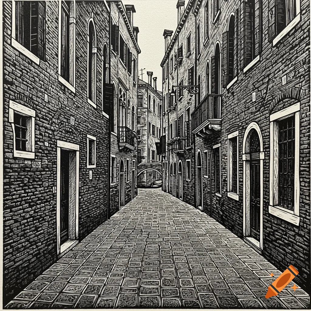 Black and white linocut of a narrow Venetian street with tall brick buildings and a paved path leading to a canal bridge.