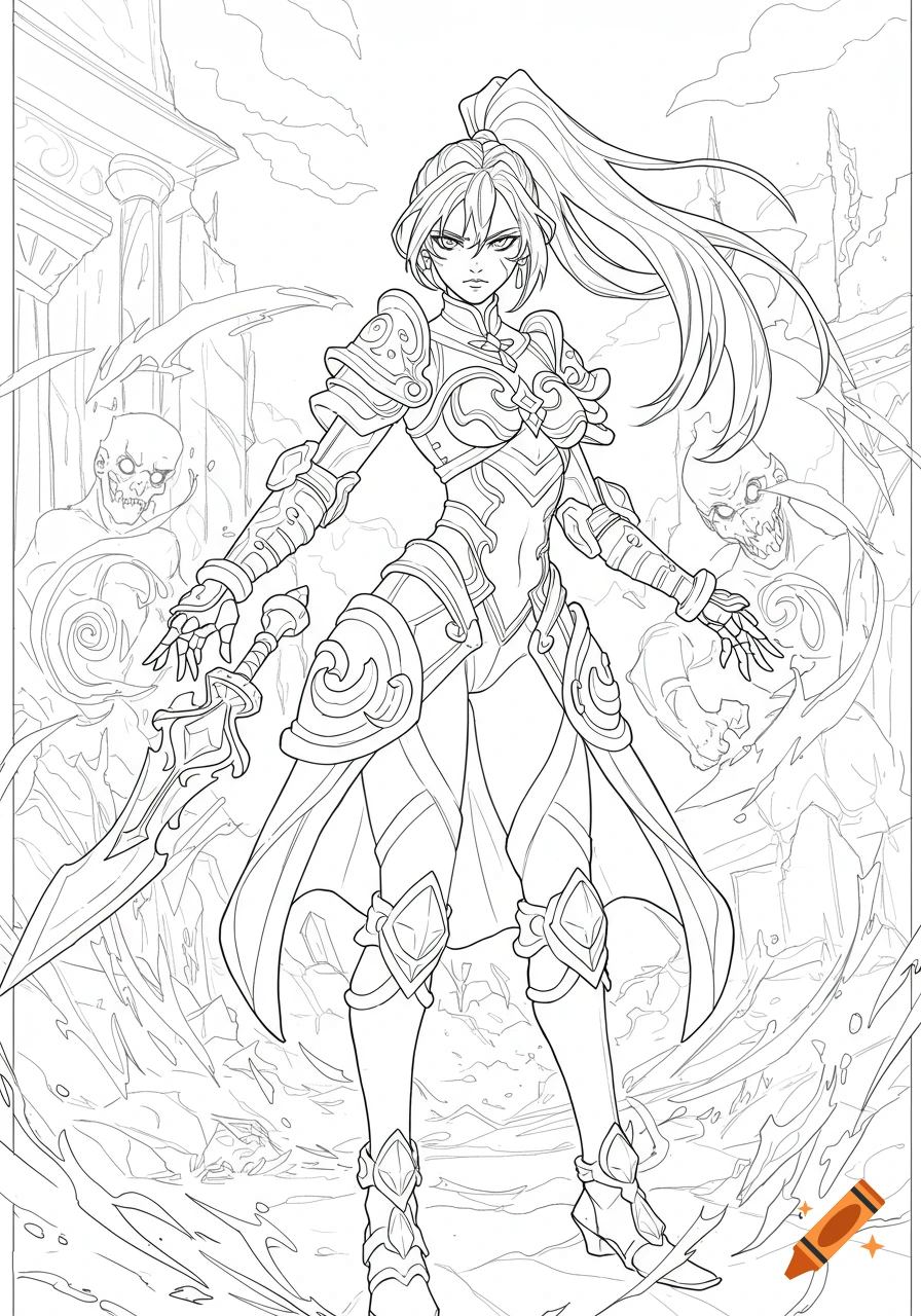 Anime line art coloring page of a female warrior in ornate armor with a sword, flanked by skeletal figures in ruins.