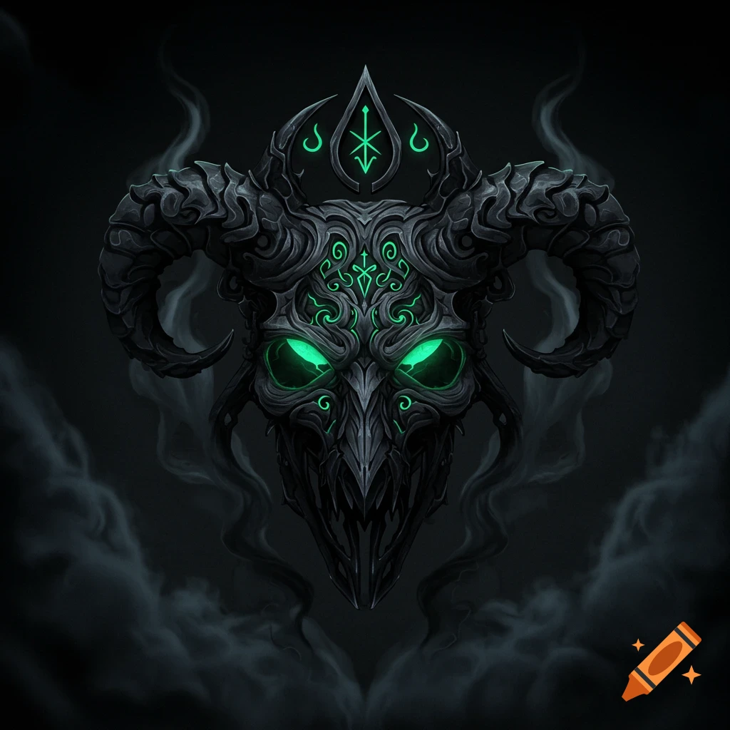 Dark, ornate horned skull with glowing green eyes and mystical patterns, surrounded by wisps of smoke in a fantasy art style.