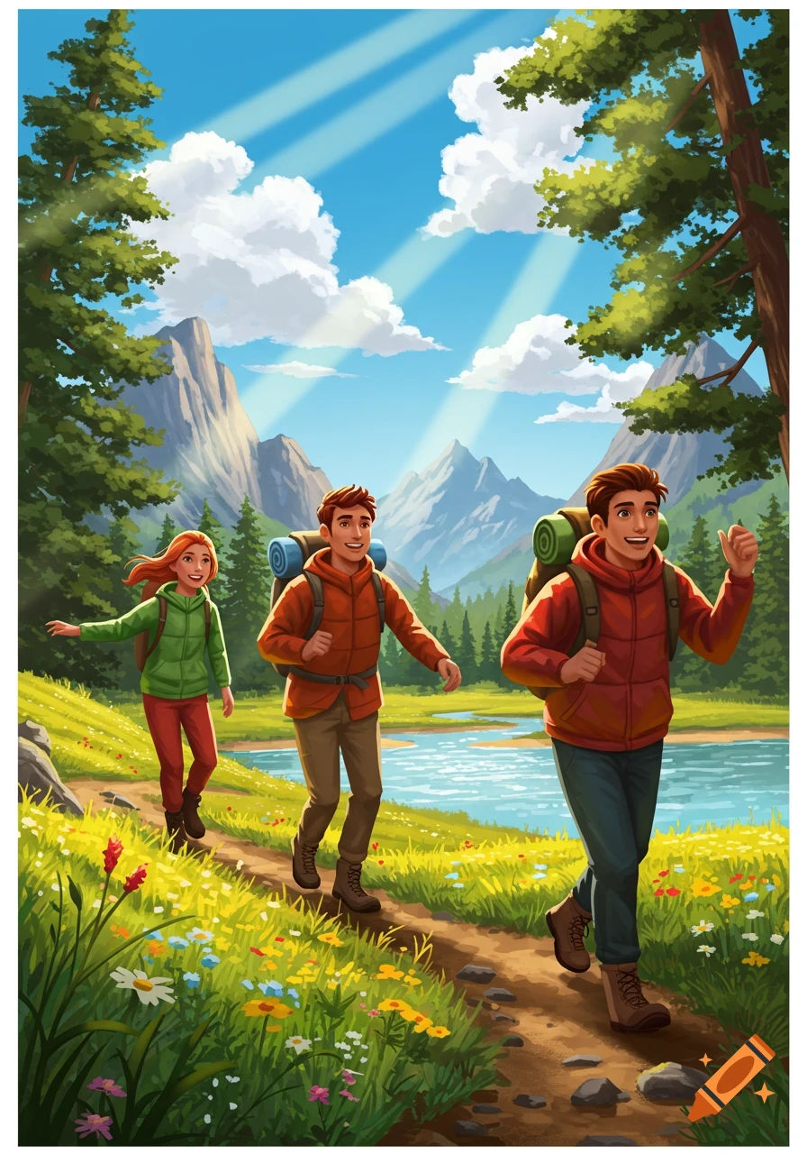 Three cartoon hikers with backpacks walk a trail by a lake and mountains under a sunny sky.
