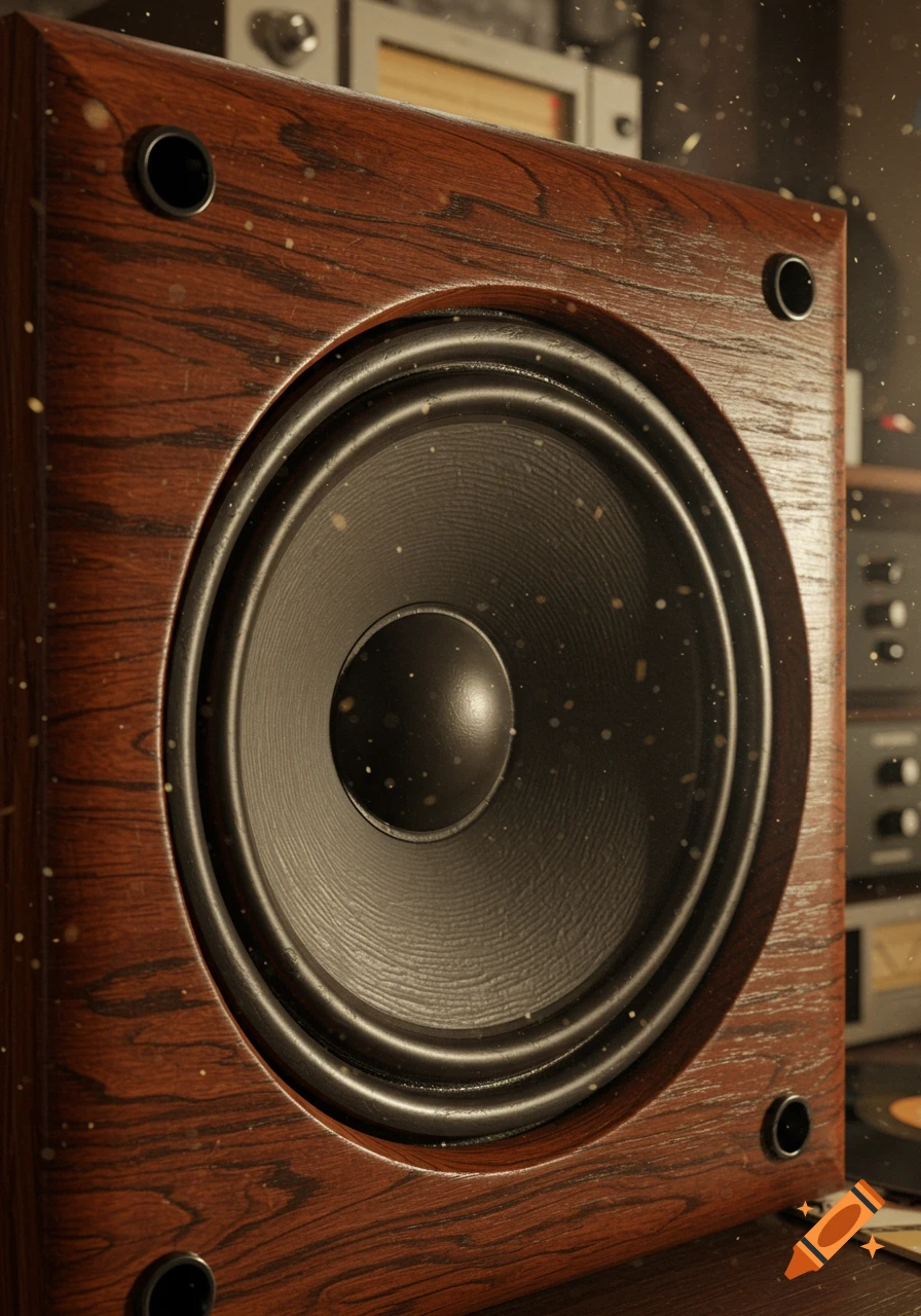 Close-up, photorealistic view of a vintage wooden speaker with a black cone, speckled with light dust.