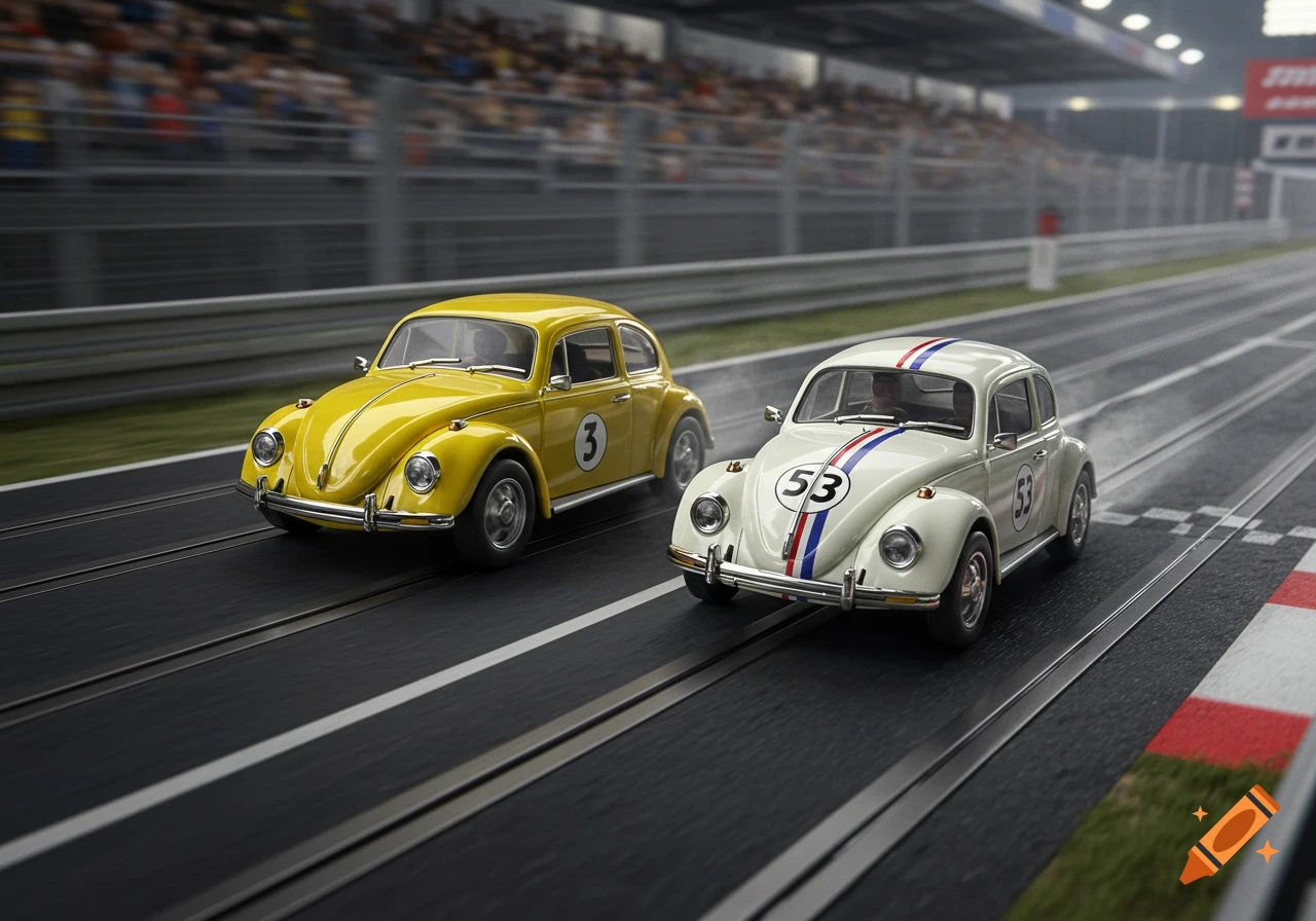 A yellow Volkswagen Beetle slot car with number 3 and a white Volkswagen Beetle slot car with number 53 race on a track.