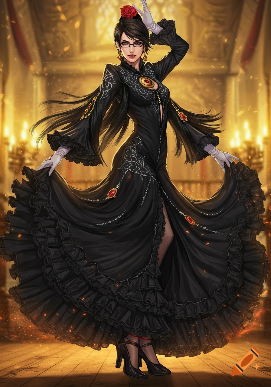 Bayonetta in a ruffled black flamenco dress with a red rose and white gloves, posing dramatically in a golden, candlelit ballroom.