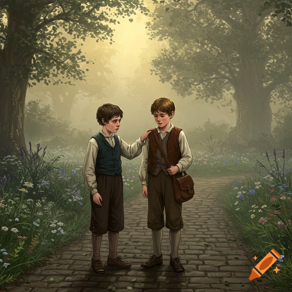 Two young boys in 19th-century clothes on a garden path at dawn, one comforts the other dressed for travel in an illustrated style.
