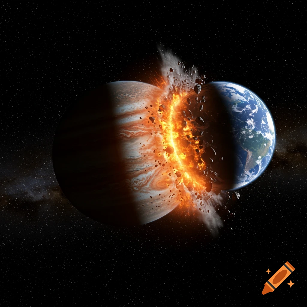 Jupiter and Earth collide in a fiery explosion in deep space, with debris flying outwards.