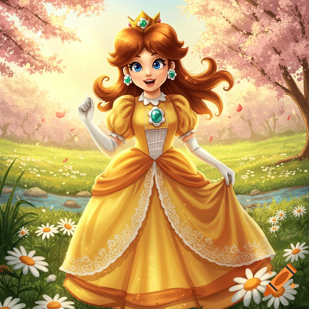 Princess Daisy in a bright, lush spring meadow with cherry blossoms and daisies, wearing her yellow gown.