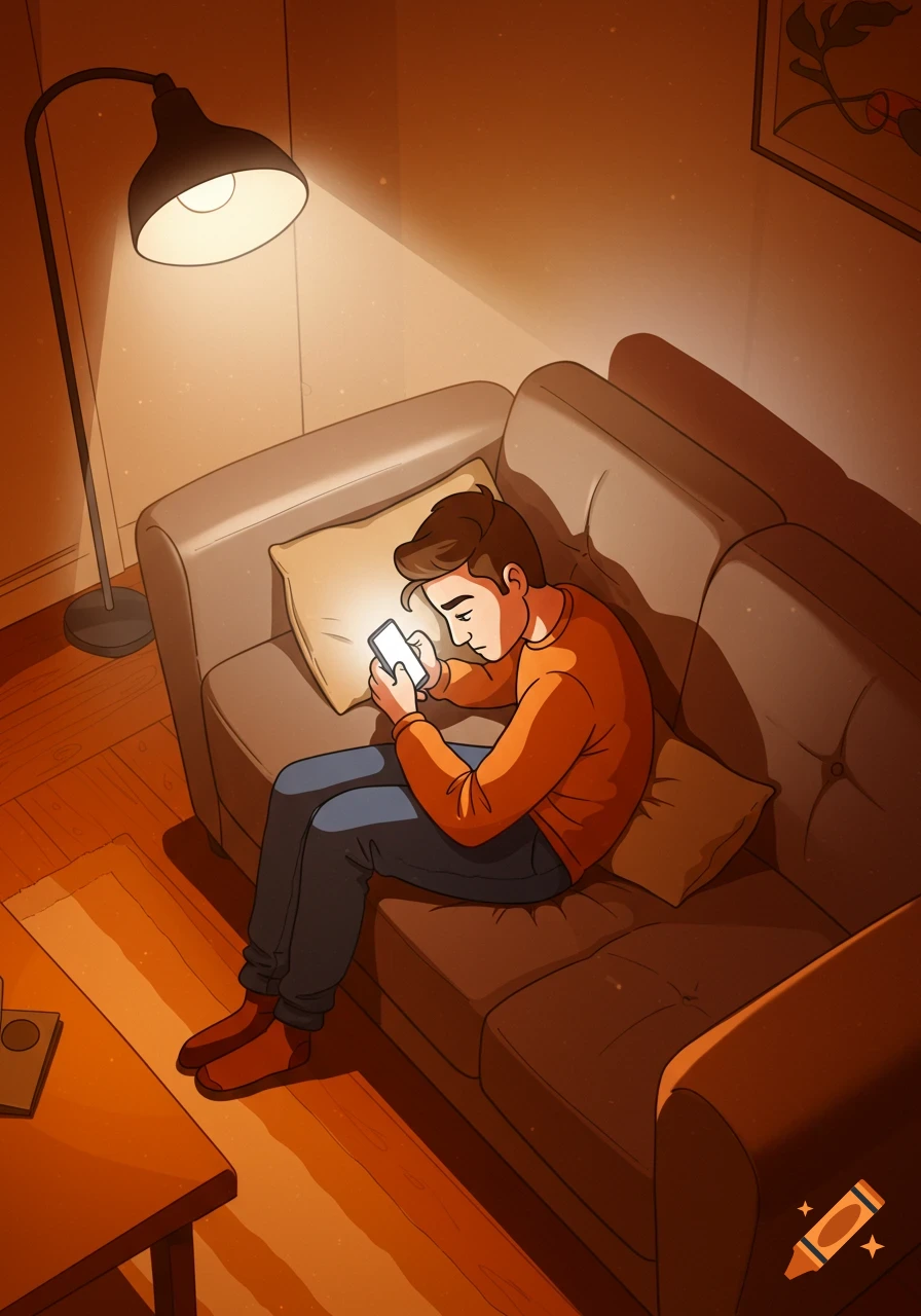 Cartoon of a man sitting on a couch, looking at his glowing phone, bathed in warm orange light from a floor lamp.