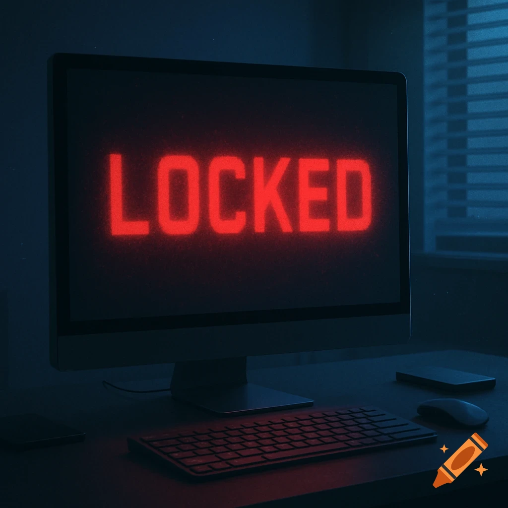A dark room with a computer screen displaying the word LOCKED in red, a keyboard and mouse on the desk.