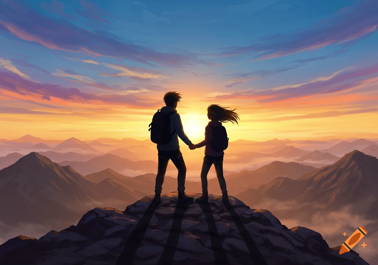 Stylized anime couple holding hands on a mountain peak at sunset overlooking a vast mountain range.