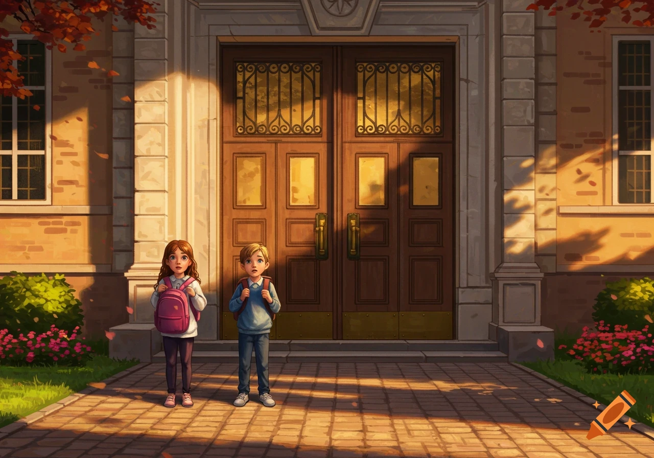 Two young illustrated students, a girl and a boy with backpacks, stand looking scared in front of a grand school entrance during sunset.