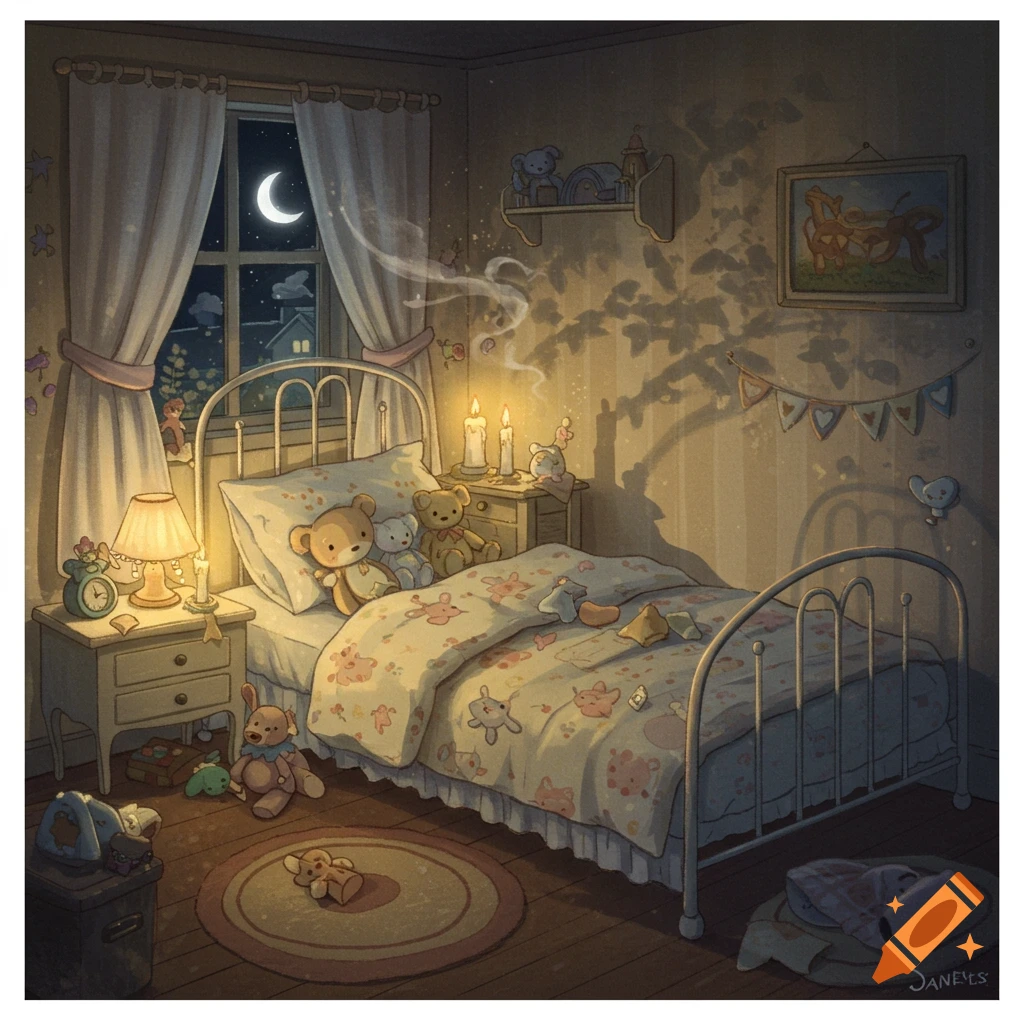 Cozy illustration of a child's bedroom at night, lit by candlelight and moonlight, with a bed, stuffed animals, and a window.