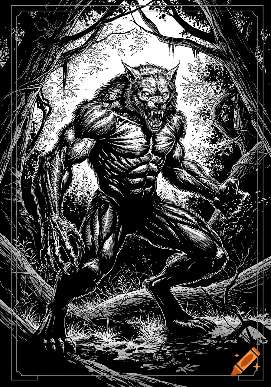 A black and white comic style illustration of a snarling werewolf with a muscular build standing in a dense, dark forest.