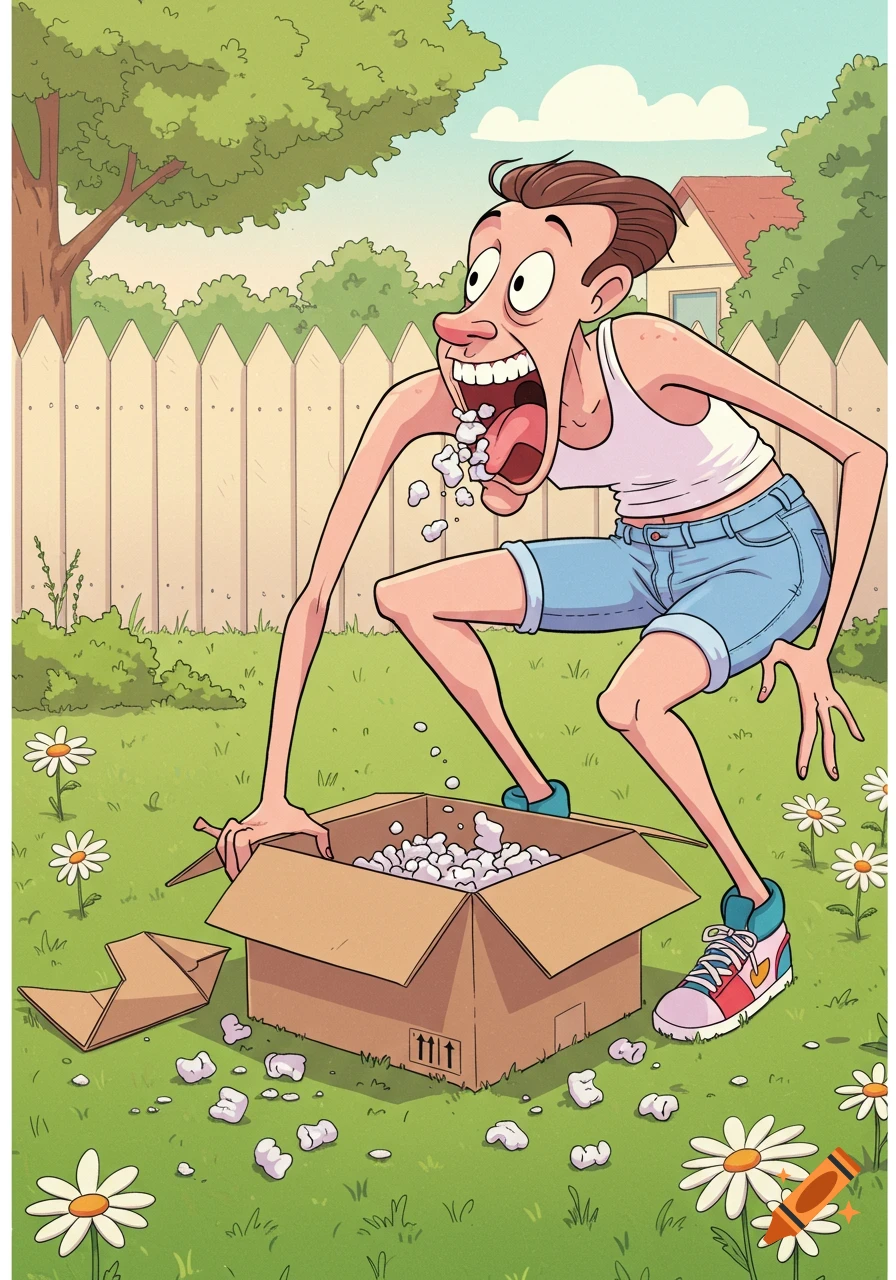 A slender cartoon man in tight denim shorts with an exaggerated expression spits packing peanuts from a cardboard box in a grassy backyard.