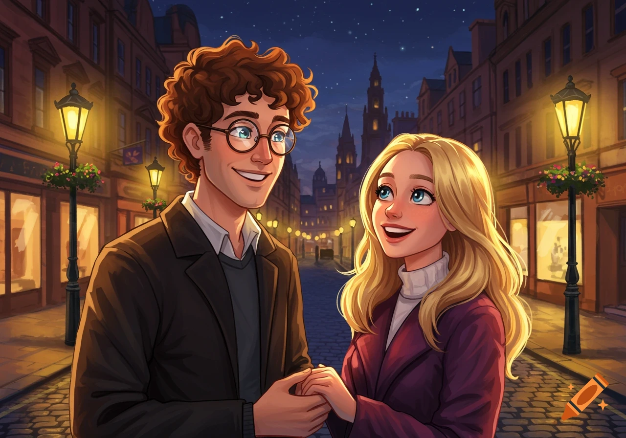 An animated man and woman smiling and holding hands on a cobblestone city street at night.