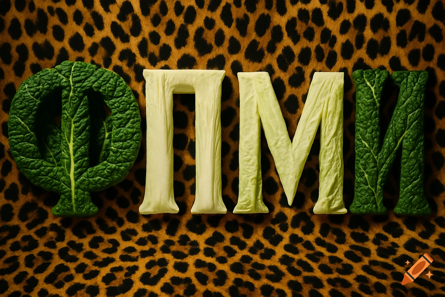 Four Cyrillic letters made of green cabbage, "Ф П М И", on a leopard print background in a studio shot.