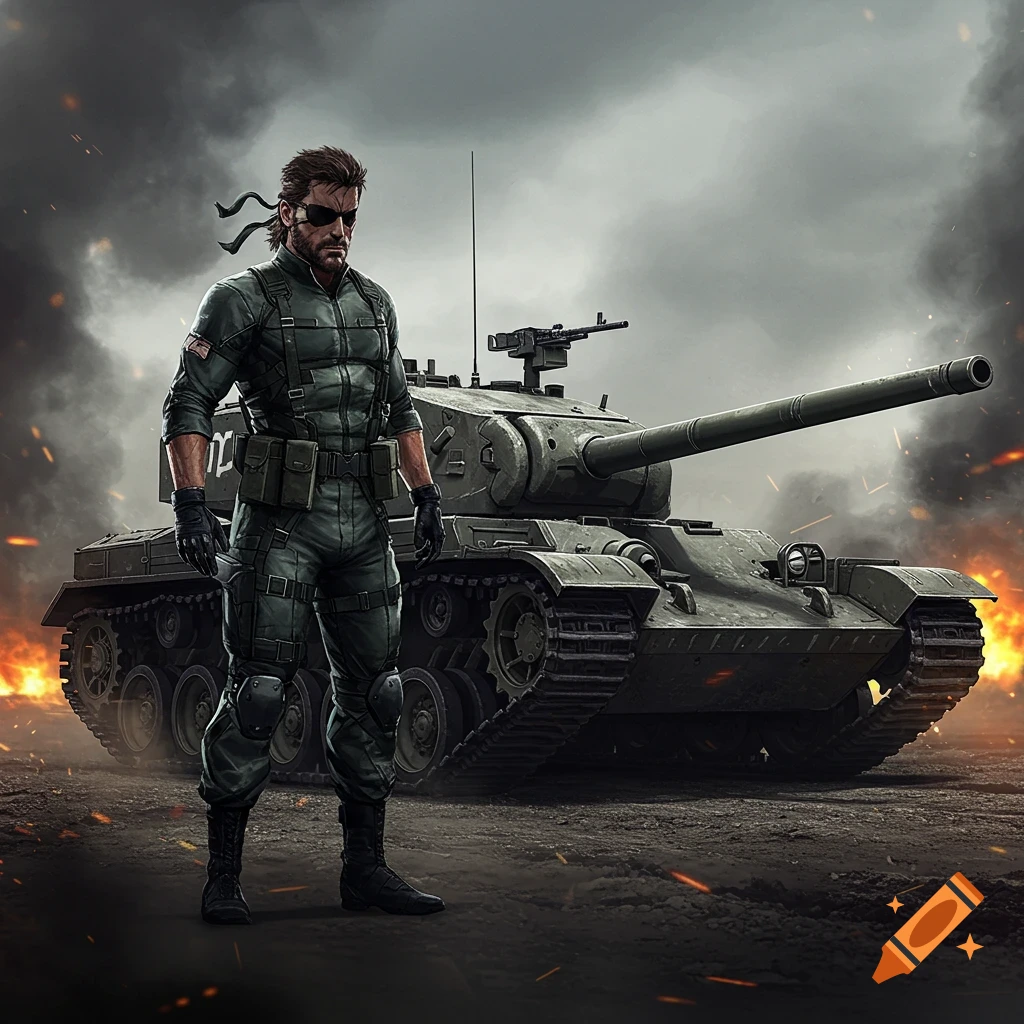 Muscular soldier with eye patch and bandana stands before a tank on a battlefield with explosions, in a realistic style.