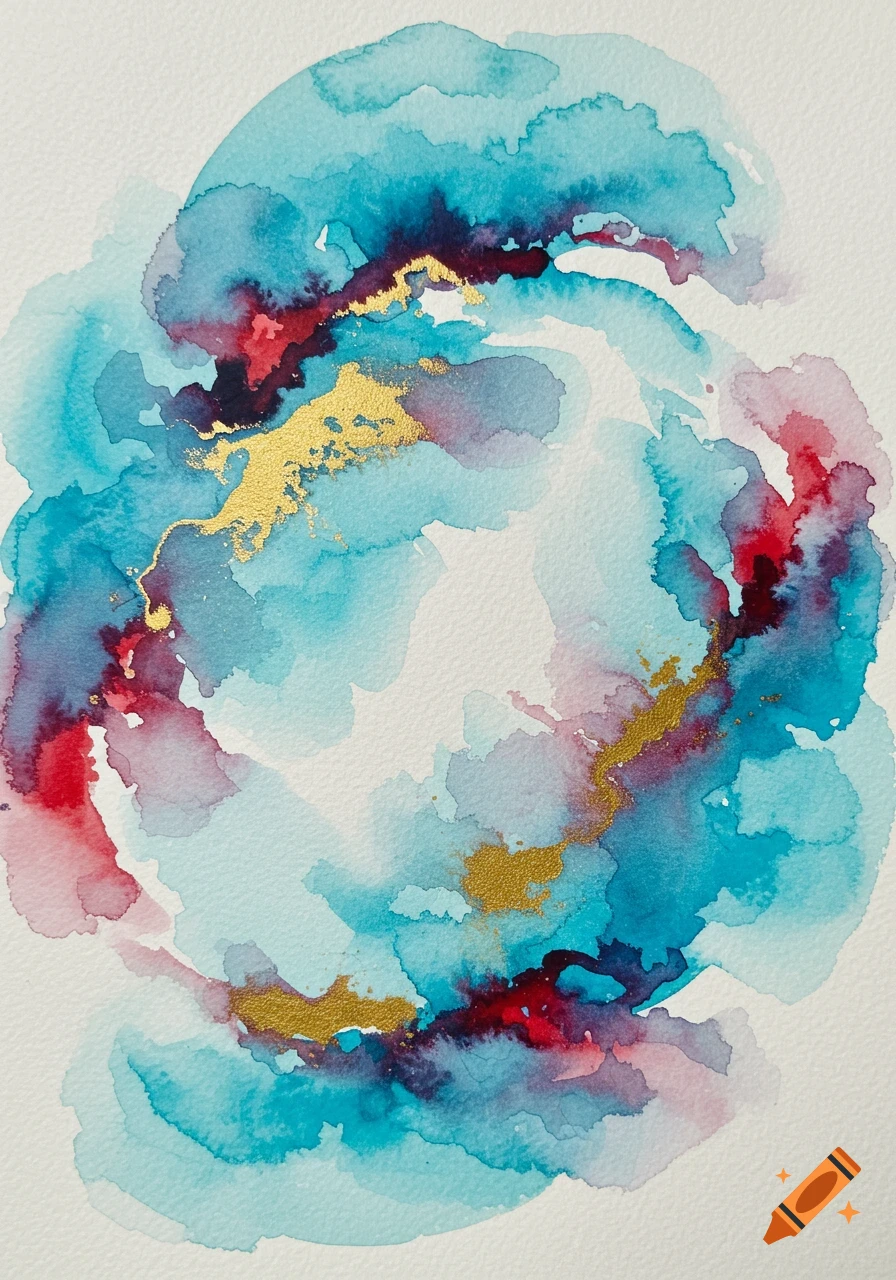 Abstract watercolor painting featuring swirling patterns of turquoise, blue, red, and purple with accents of gold paint.