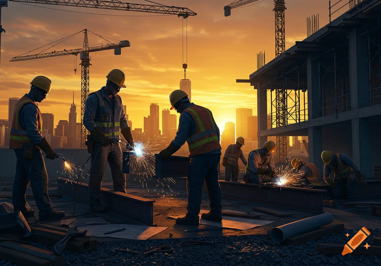 Photorealistic image of construction workers welding on a building site at sunset, with a city skyline in the background.