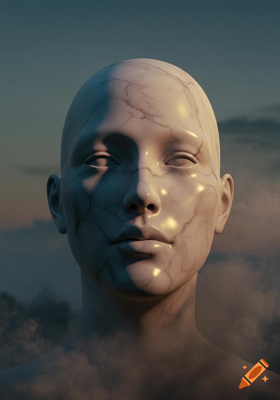 A bald, marble-like head sculpture emerges from clouds under a dramatic sky, split by light and shadow.