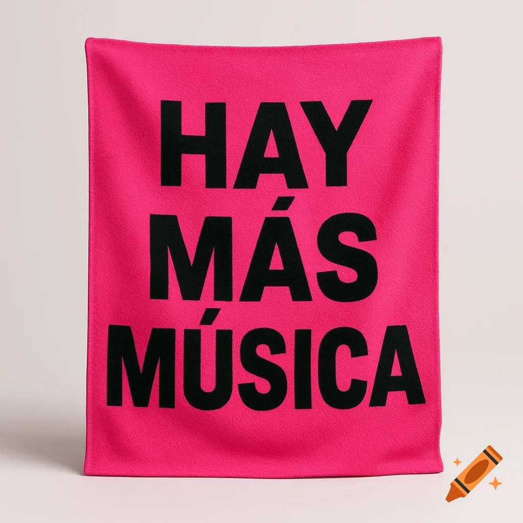 A bright pink fabric banner with 'HAY MÁS MÚSICA' in large black capital letters.