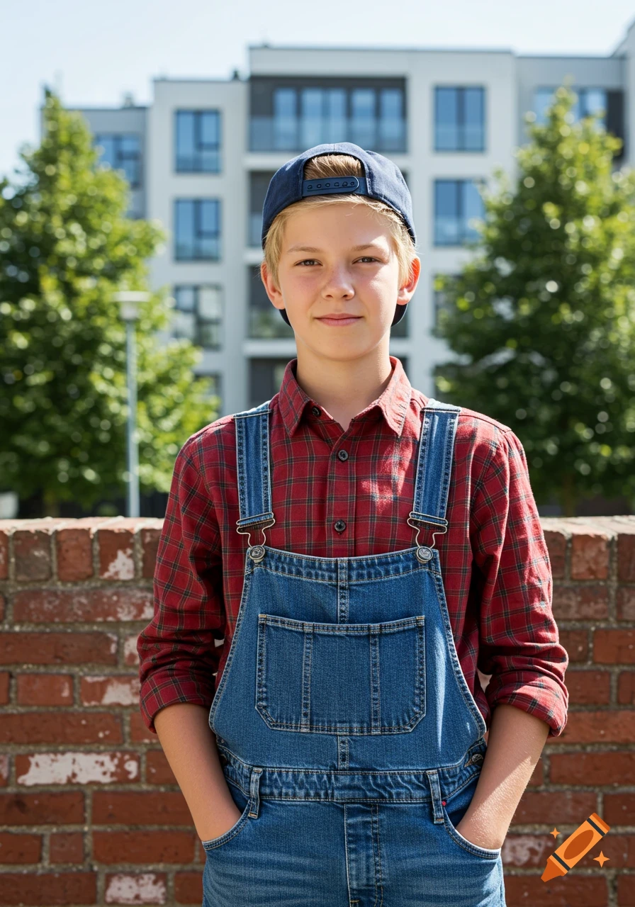 Portrait of a blond boy in a blue cap, red plaid shirt, and denim overalls, hands in pockets, against a brick wall and buildings.