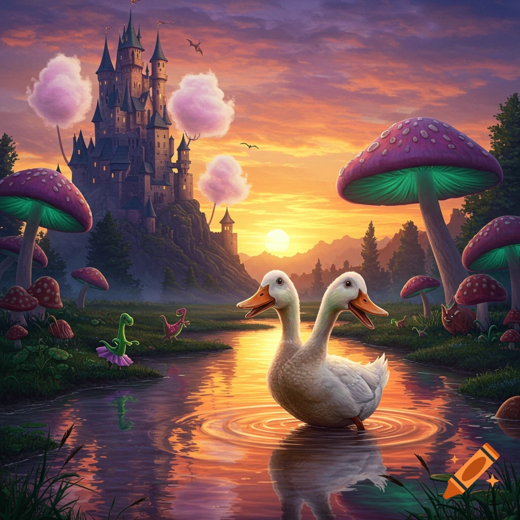 A two-headed duck stands in a river within a vibrant fantasy landscape with a castle, large mushrooms, and small dinosaurs at sunset.
