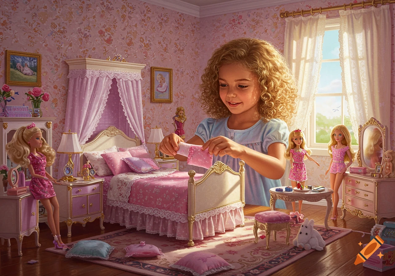 A little girl plays with Barbie dolls in a lavish pink bedroom, decorating the doll's canopy bed.