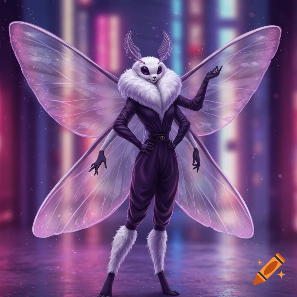 A stylish anthropomorphic moth character with white fur, a purple jumpsuit, four arms, and glowing translucent wings in a vibrant city street.