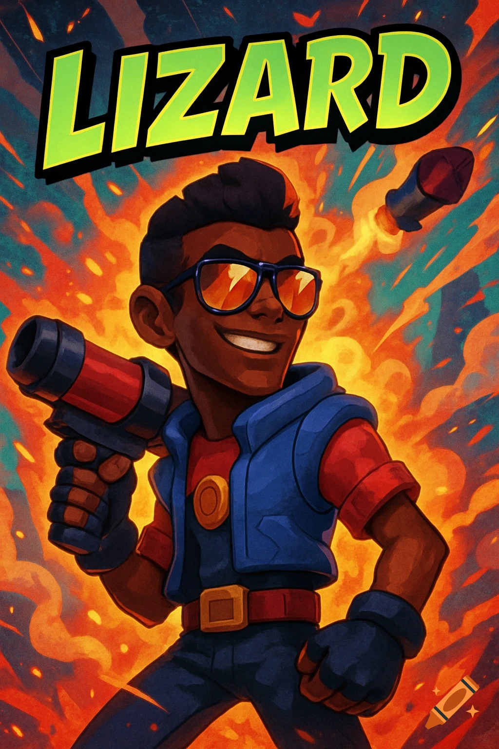 A smiling cartoon boy in glasses and a blue vest holds a gun against an explosive background with a rocket flying. The title 'LIZARD' is at the top.