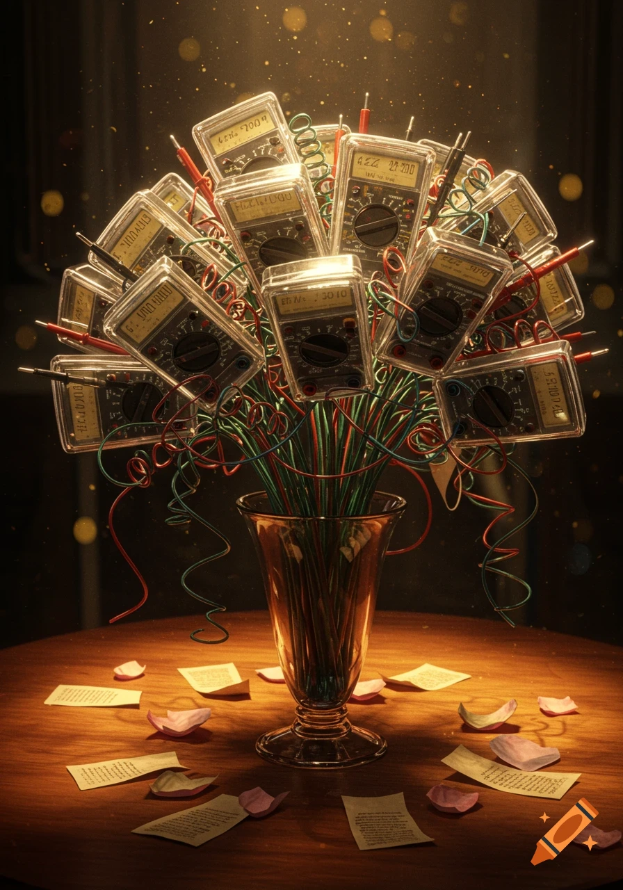 A bouquet of transparent multimeters and colorful wires in a glass vase on a wooden table, surrounded by papers and pink petals, under warm lighting.