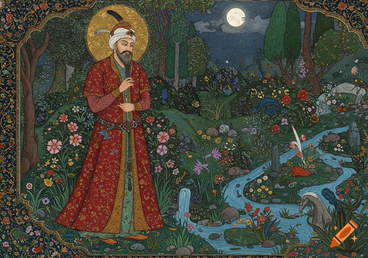 Persian miniature painting of a bearded man in a red robe and turban with a halo in a lush moonlit garden with a river.