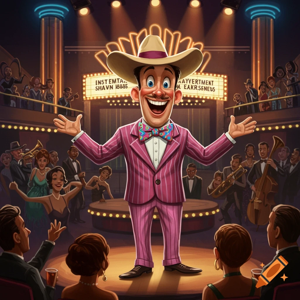 A cartoon character in a pink pinstripe suit and cowboy hat performs on stage in a theater, surrounded by an audience and musicians.