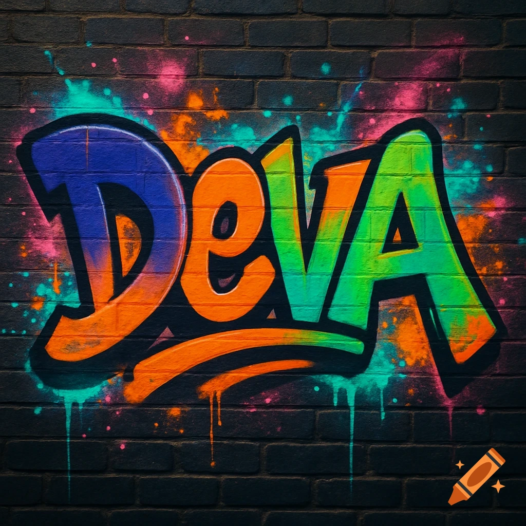 Colorful graffiti art spelling 'Deva' in blue, orange, and green on a dark brick wall with paint drips and splatters.