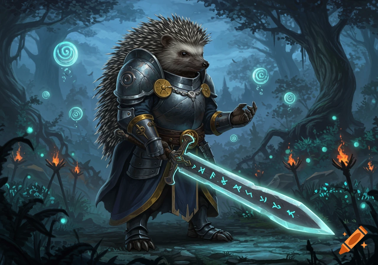 Anthropomorphic hedgehog paladin in detailed armor holds a glowing rune sword in a dark, enchanted forest.