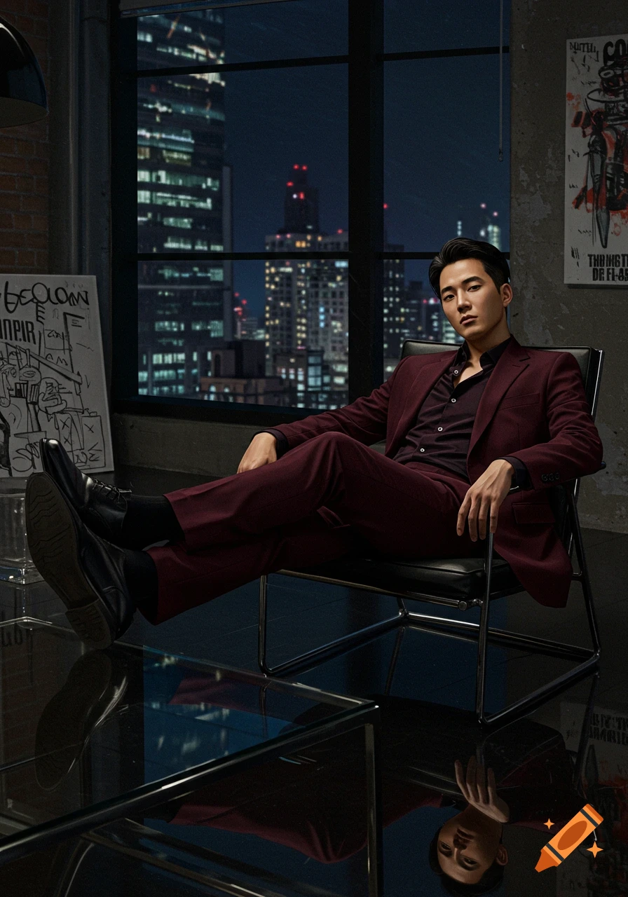 Asian male model in a maroon suit sits with his feet up, gazing at the viewer in a modern room with a nighttime city skyline.