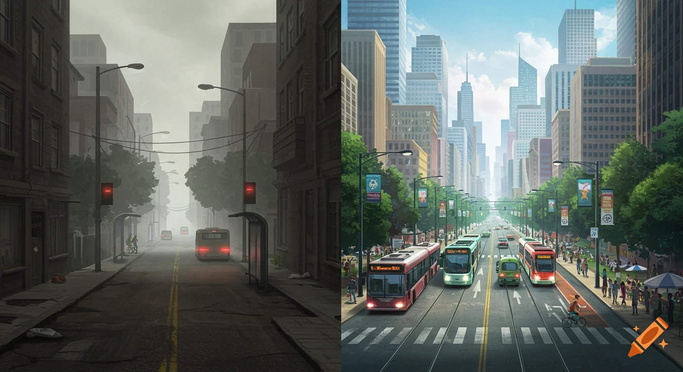 Illustration of a split image contrasting a dark, foggy, low-accessibility city street with a bright, bustling high-accessibility urban street.